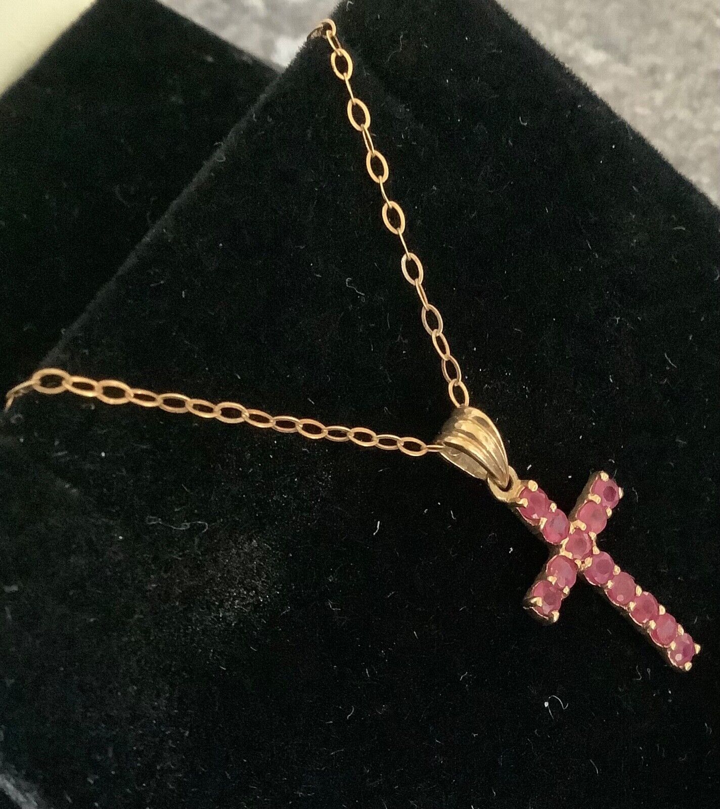 9ct ruby cross crucifix pendant on 16” fine 9ct trace chain yellow gold