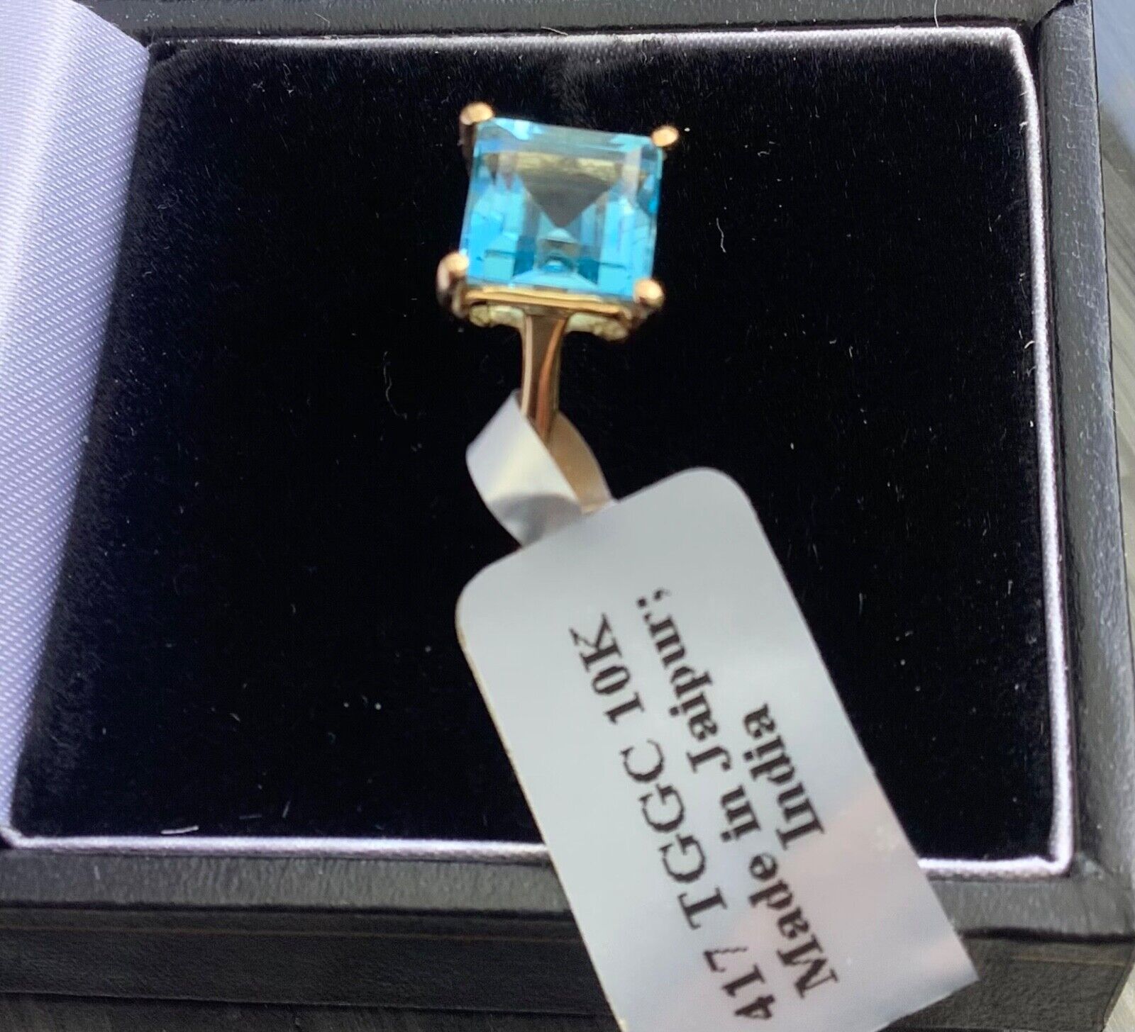 10K natural blue topaz square cut ring size N1/2 yellow gold hallmarked