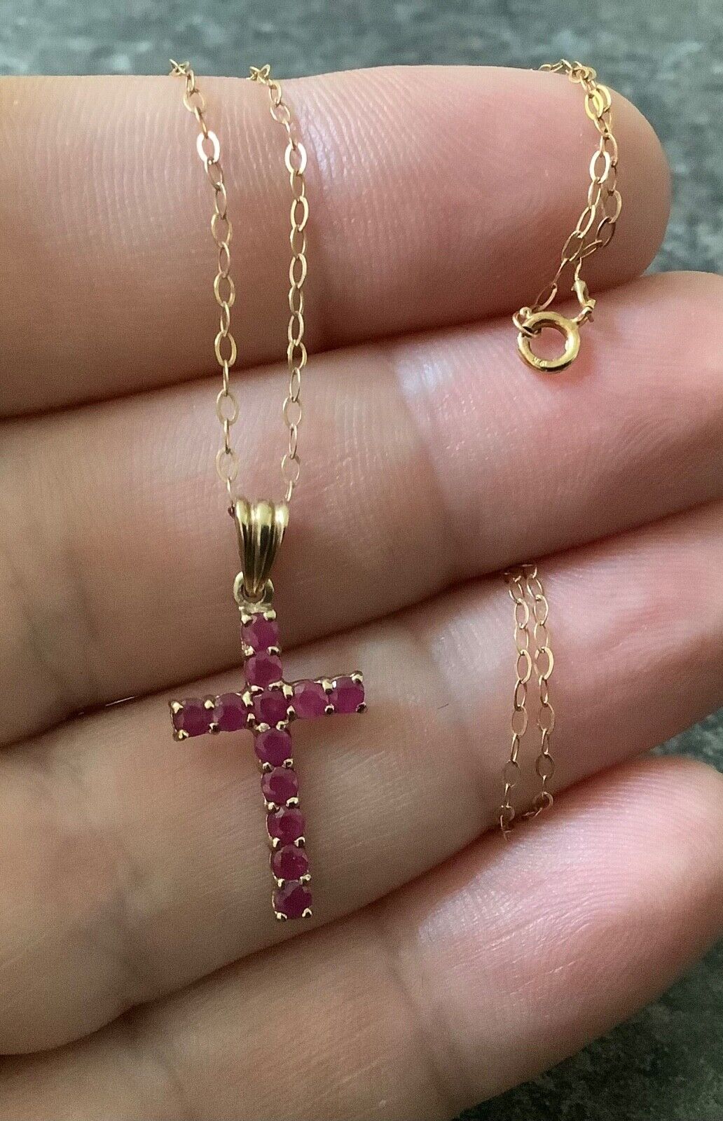 9ct ruby cross crucifix pendant on 16” fine 9ct trace chain yellow gold