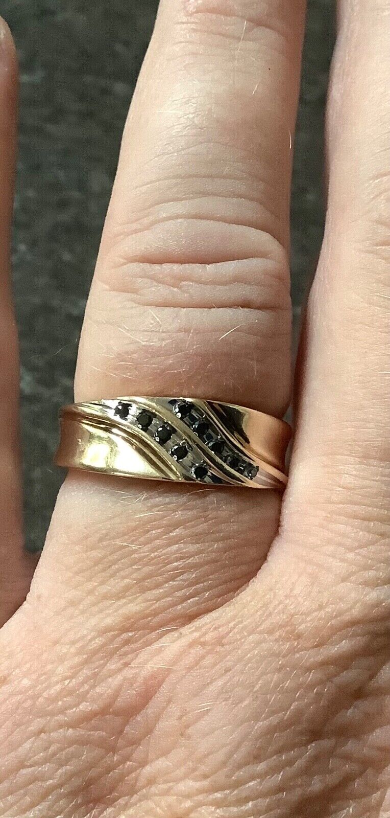9ct Black diamond yellow and white gold channel set band ring size P1/2
