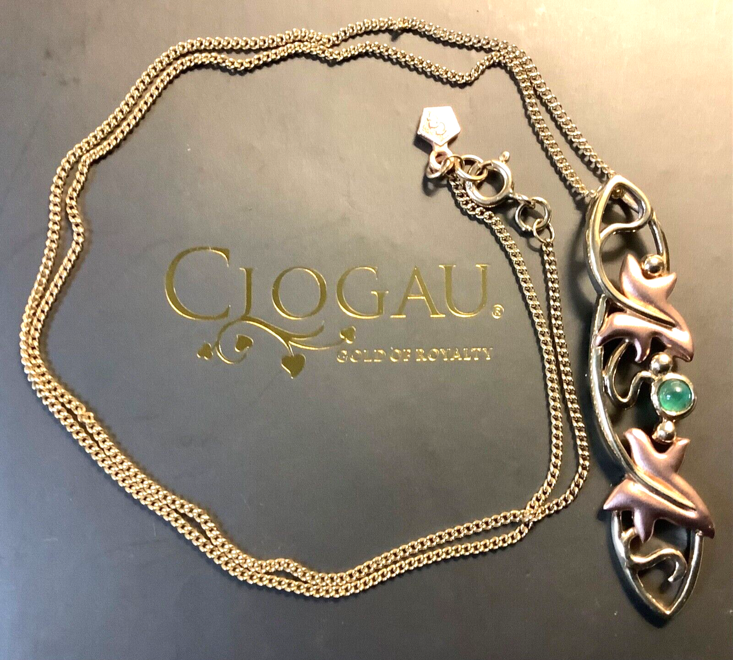 Clogau 9ct Emerald Lady of Caerphilly Ivy pendant necklace 18" yellow rose gold