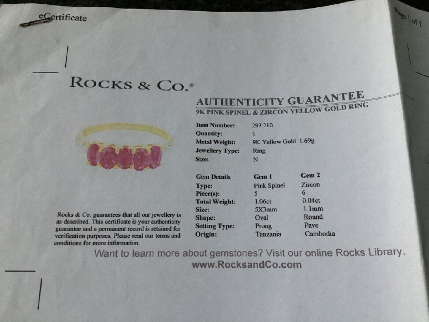 9ct pink spinel and zircon ring size N yellow gold hallmarked