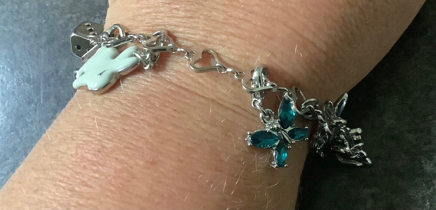 Silver tone heart link multi charm bracelet 10 detachable interchangeable charms