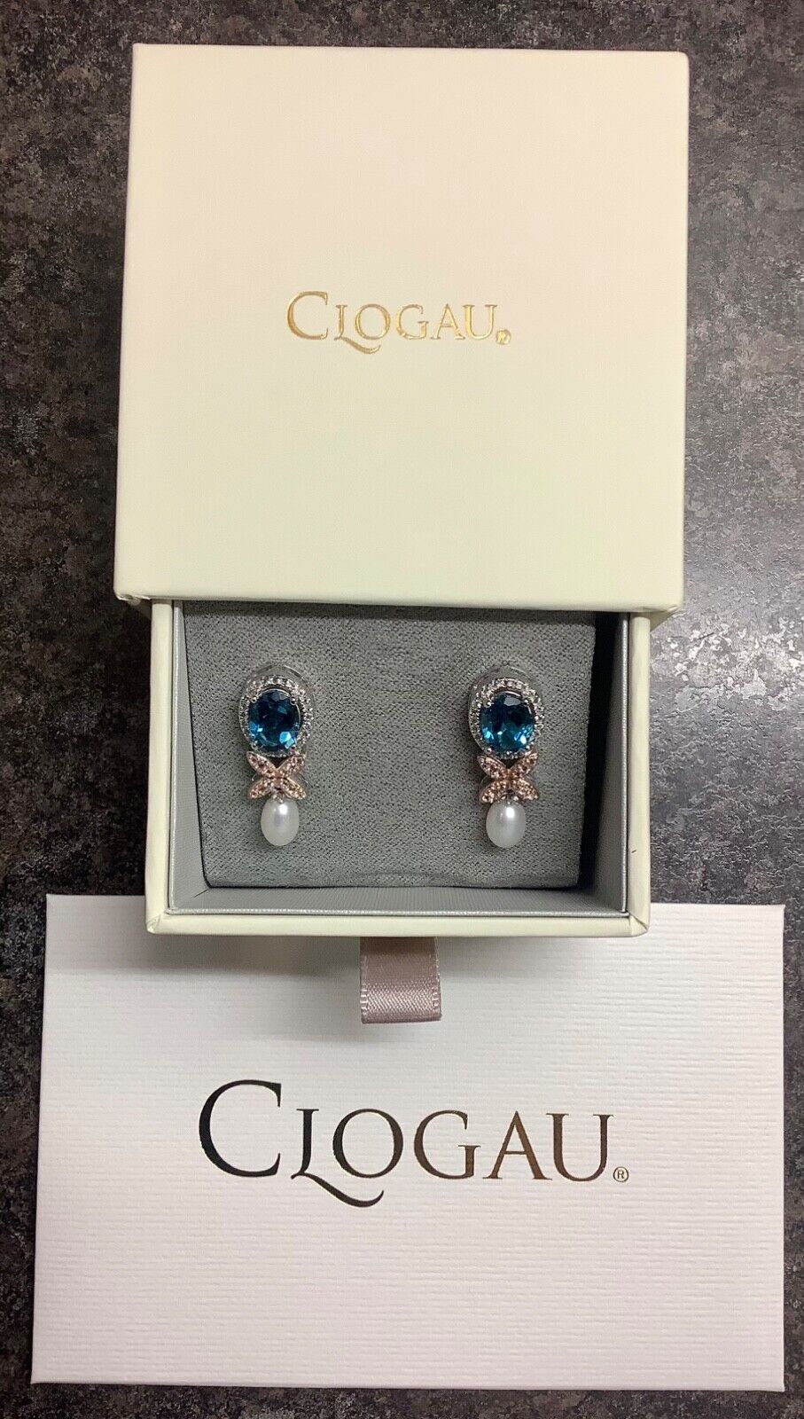 Clogau Queens Jubilee Superbloom Blue Topaz silver earrings pearl RRP £330