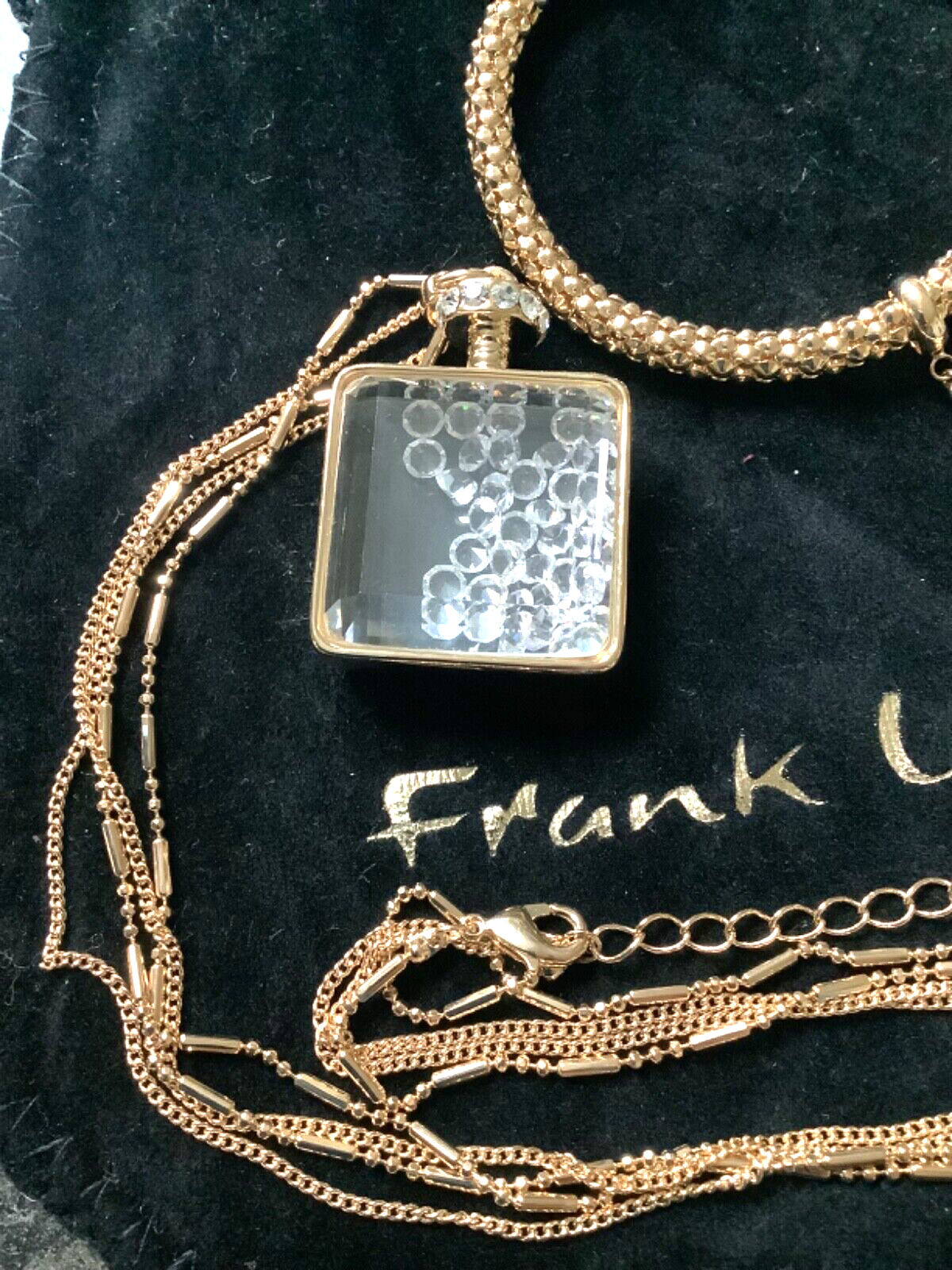 FRANK USHER perfume bottle crystal filled necklace bracelet & earrings set gold