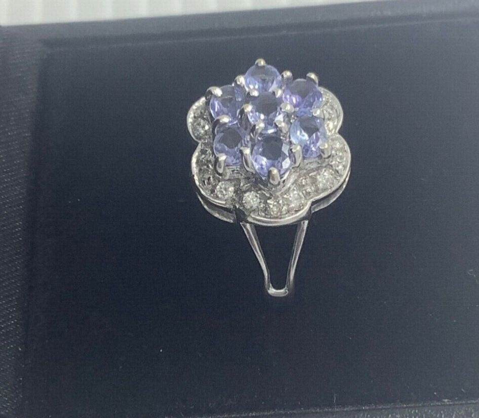 9ct tanzanite and natural diamond white gold halo cluster ring size M1/2