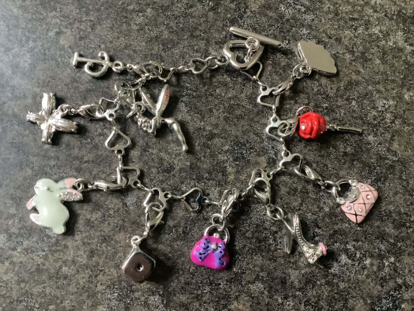 Silver tone heart link multi charm bracelet 10 detachable interchangeable charms