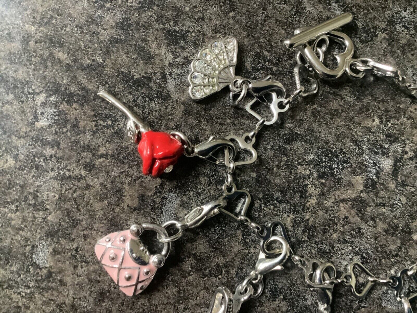 Silver tone heart link multi charm bracelet 10 detachable interchangeable charms