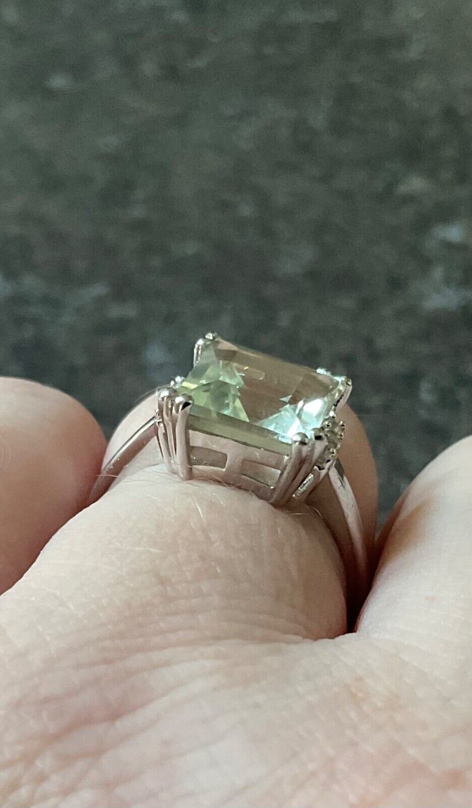 925 Green Amethyst & Zircon square cut ring size P sterling silver