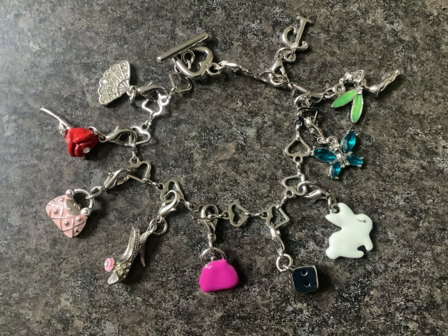 Silver tone heart link multi charm bracelet 10 detachable interchangeable charms