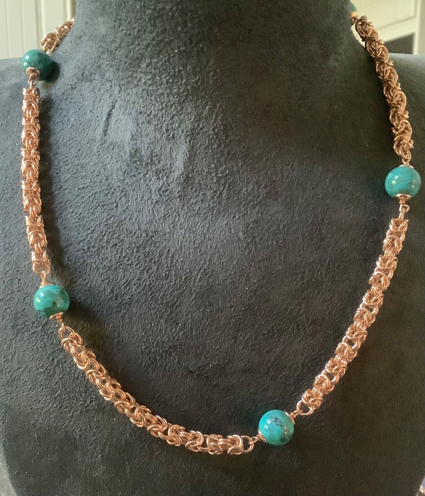 BRONZE MILOR ITALY turquoise colour bead byzantine rose gold tone necklace 19”
