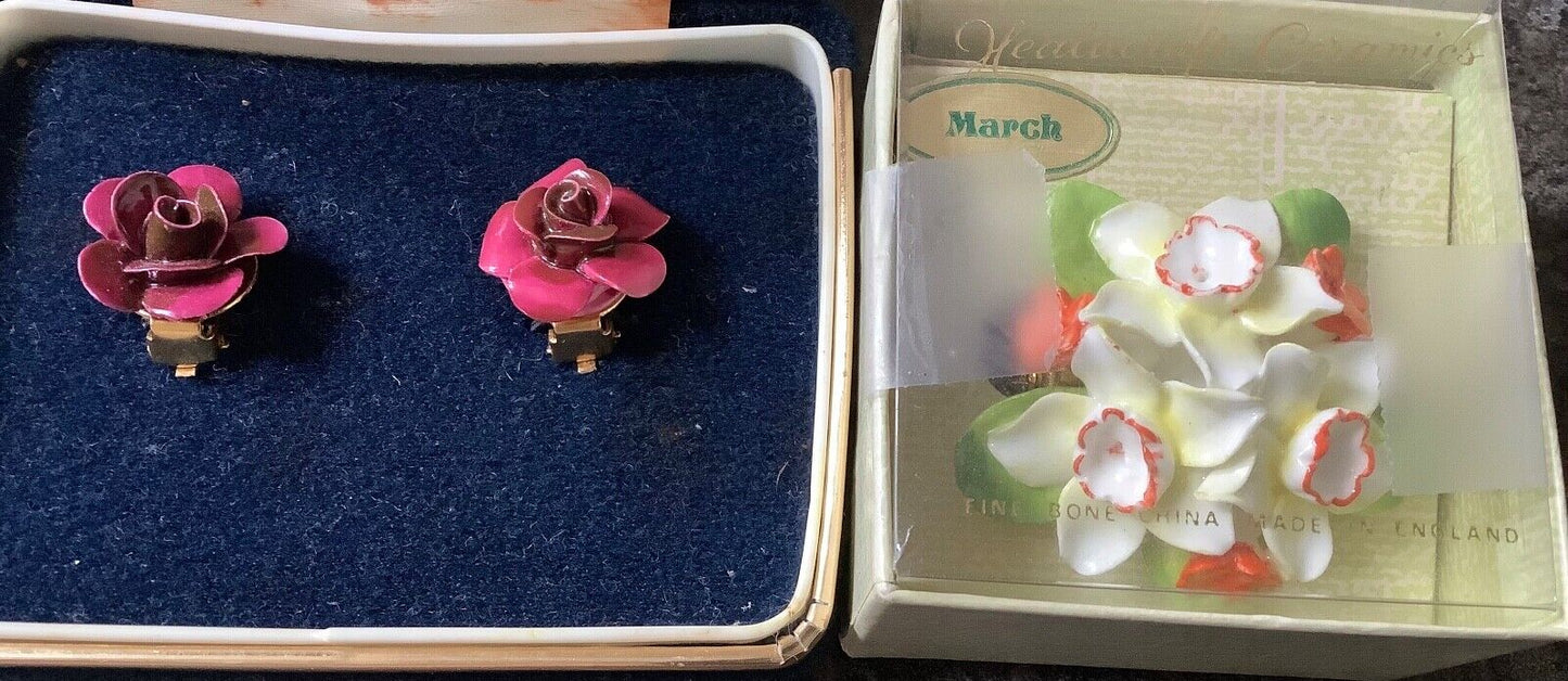 Vintage Coalport and Healacraft fine bone china Rose clip on earrings and brooch