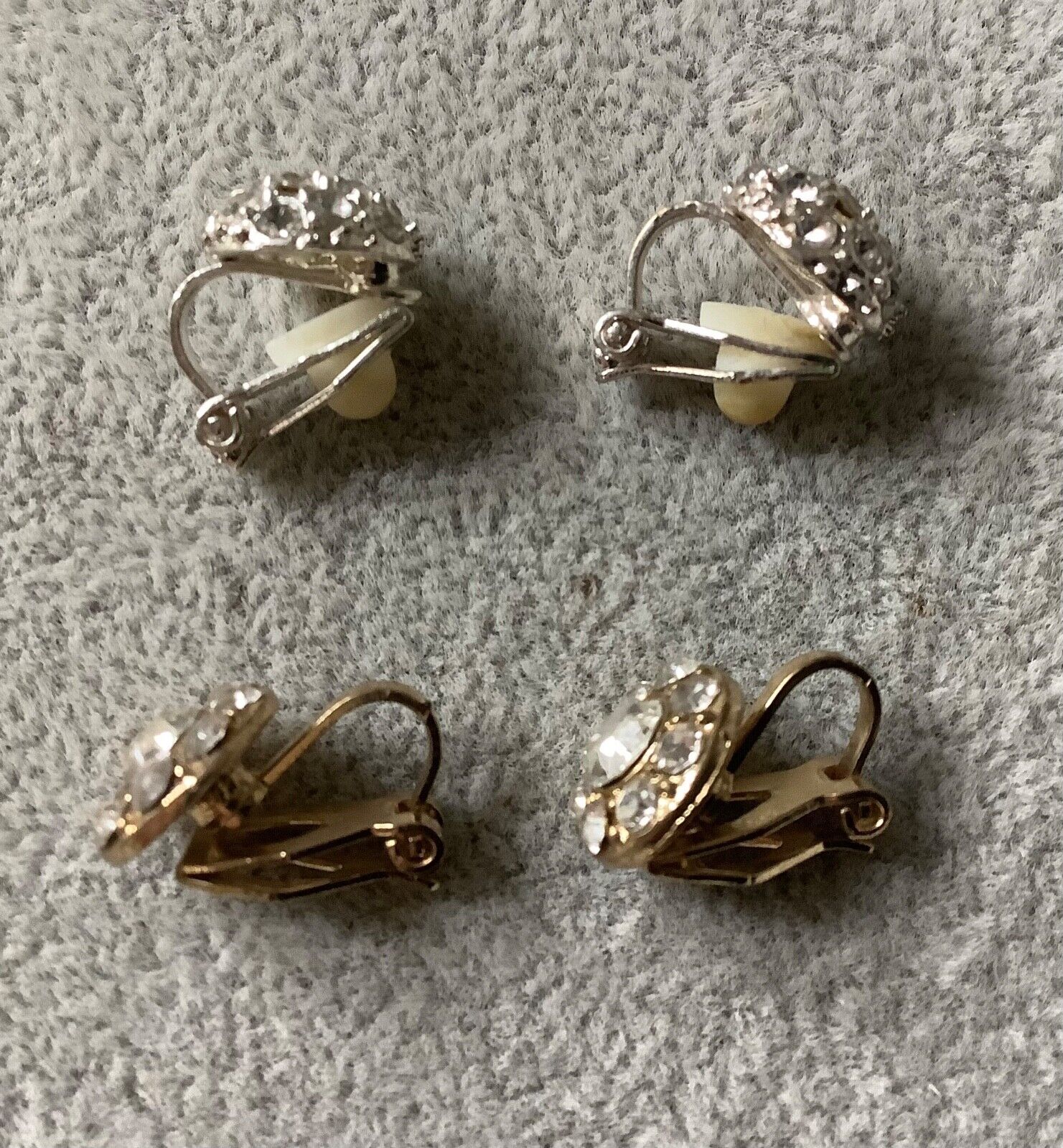 2 x vintage silver and gold tone diamanté stud clip on earrings