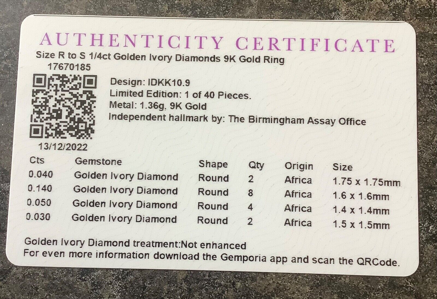 1/4ct Golden Ivory Diamonds 9ct ring size R1/2 yellow gold with certificate