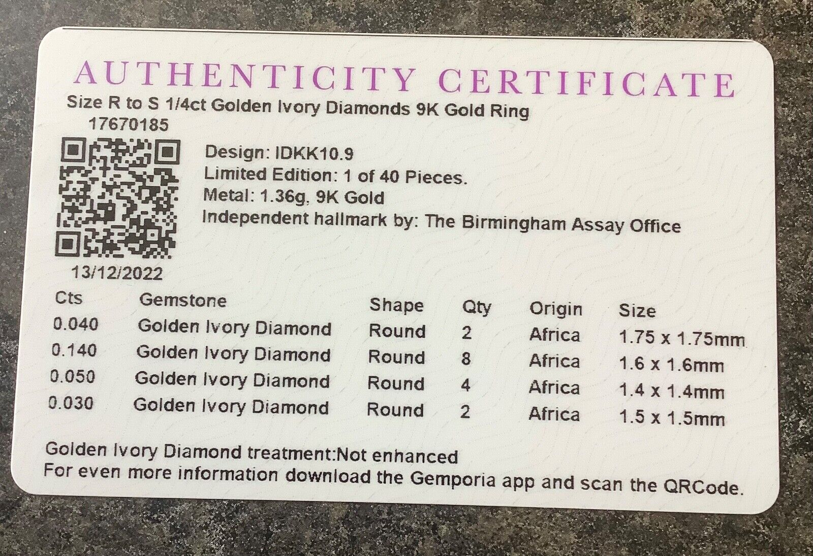 1/4ct Golden Ivory Diamonds 9ct ring size R1/2 yellow gold with certificate