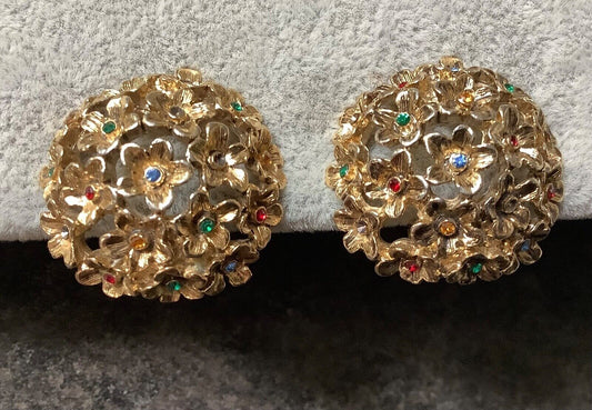 Vintage domes flower cluster gold tone multicolour crystal clip on earrings
