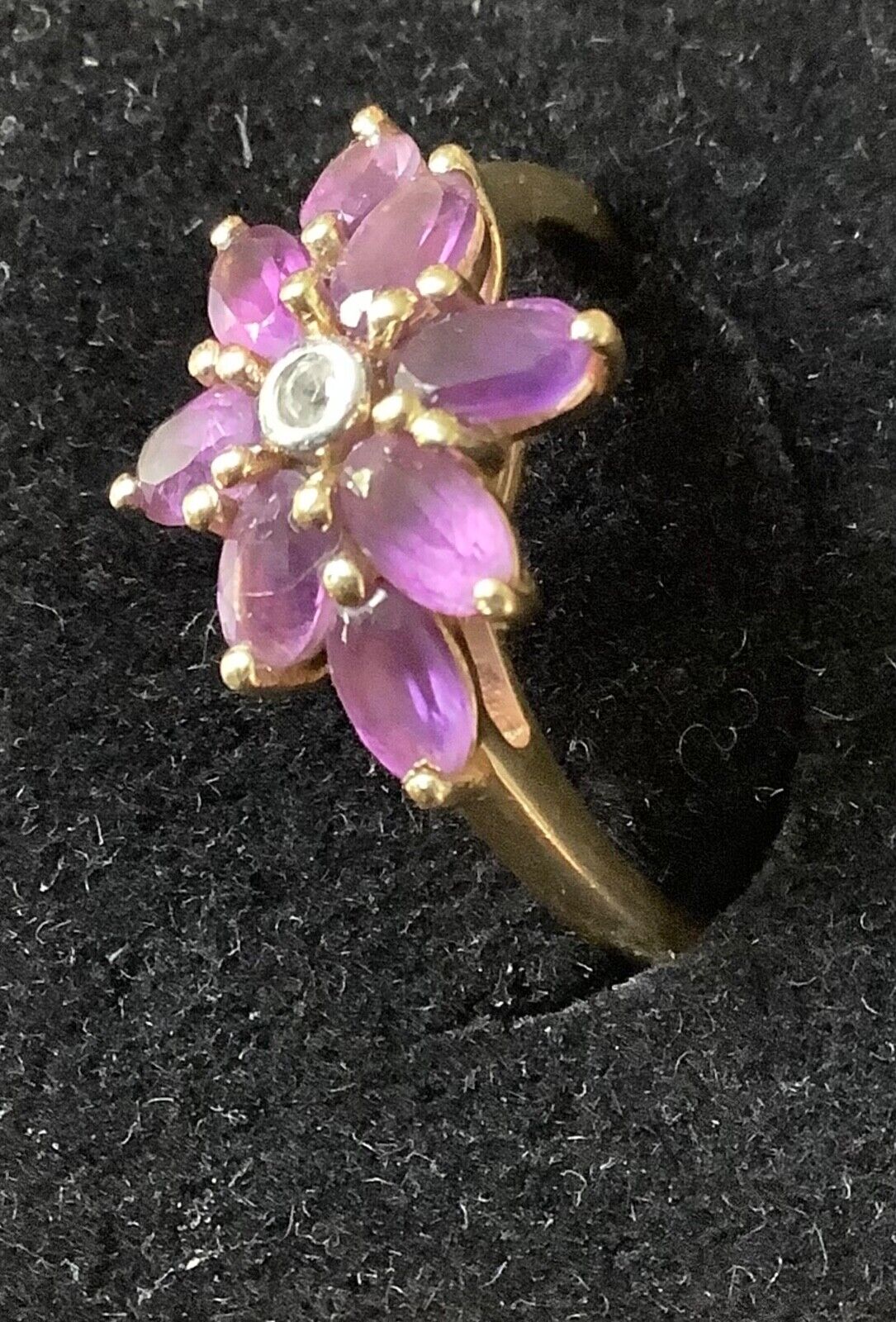 Amethyst and clear stone gold plated 925 silver floral ring T