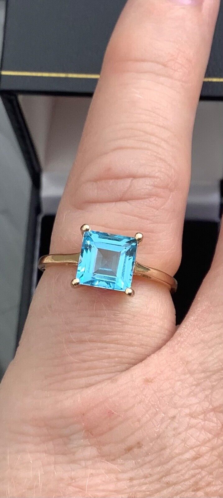 10K natural blue topaz square cut ring size N1/2 yellow gold hallmarked