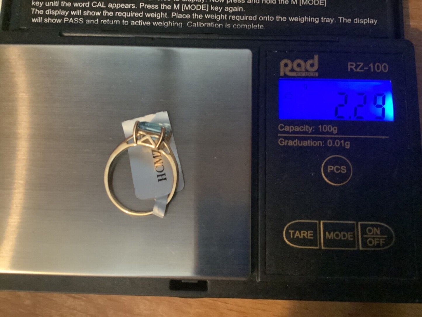 10K natural blue topaz square cut ring size N1/2 yellow gold hallmarked