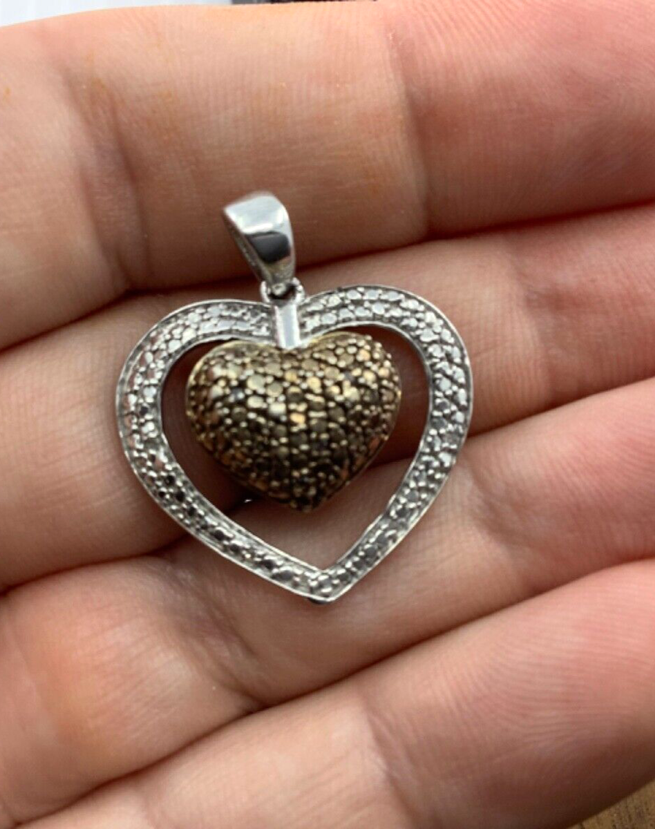 925 white and cognac diamond double heart pendant silver