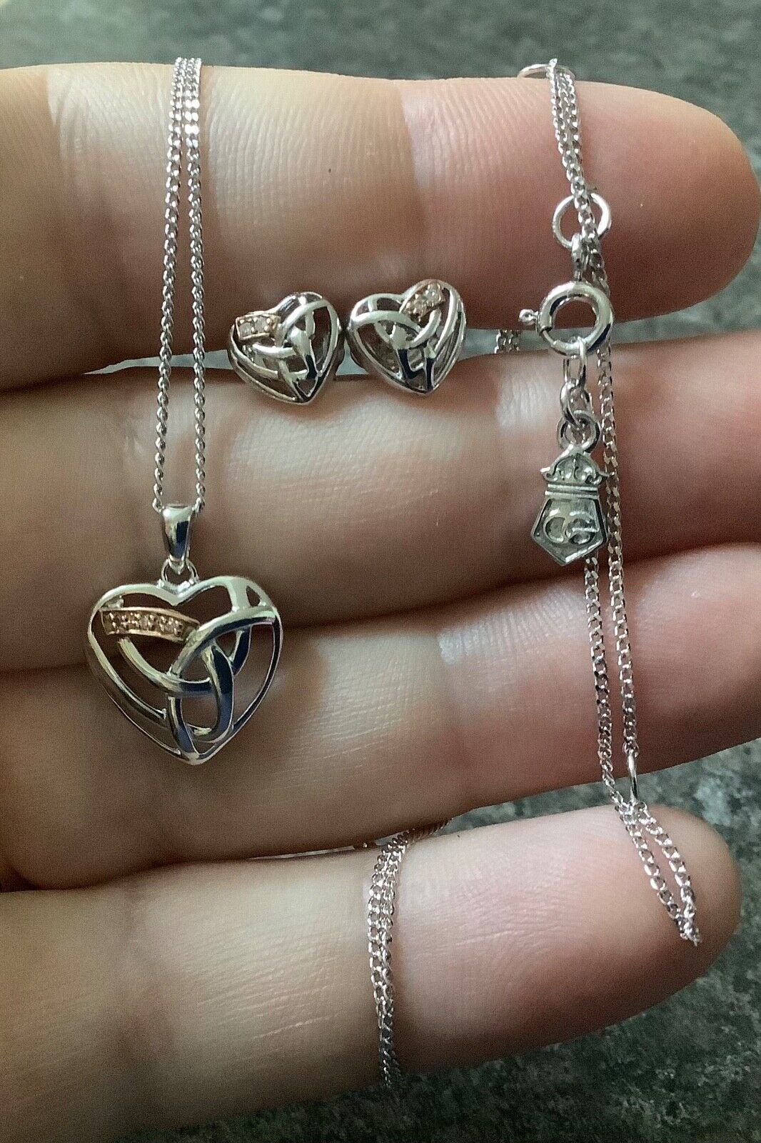 Clogau eternal love diamond heart earrings and necklace set silver and rose gold