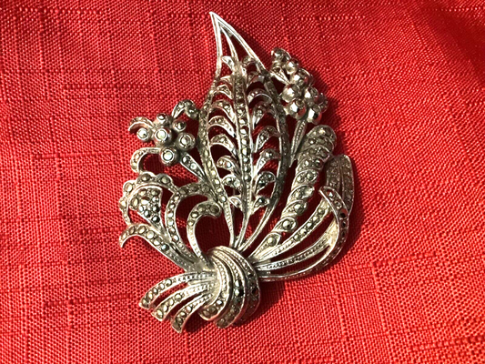 Large vintage marcasite silver tone floral brooch