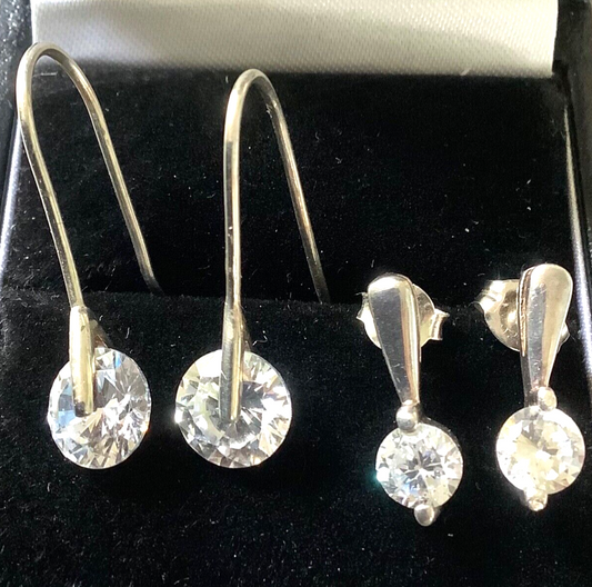 2 x 925 silver CZ drop and stud earrings NOT COSTUME!