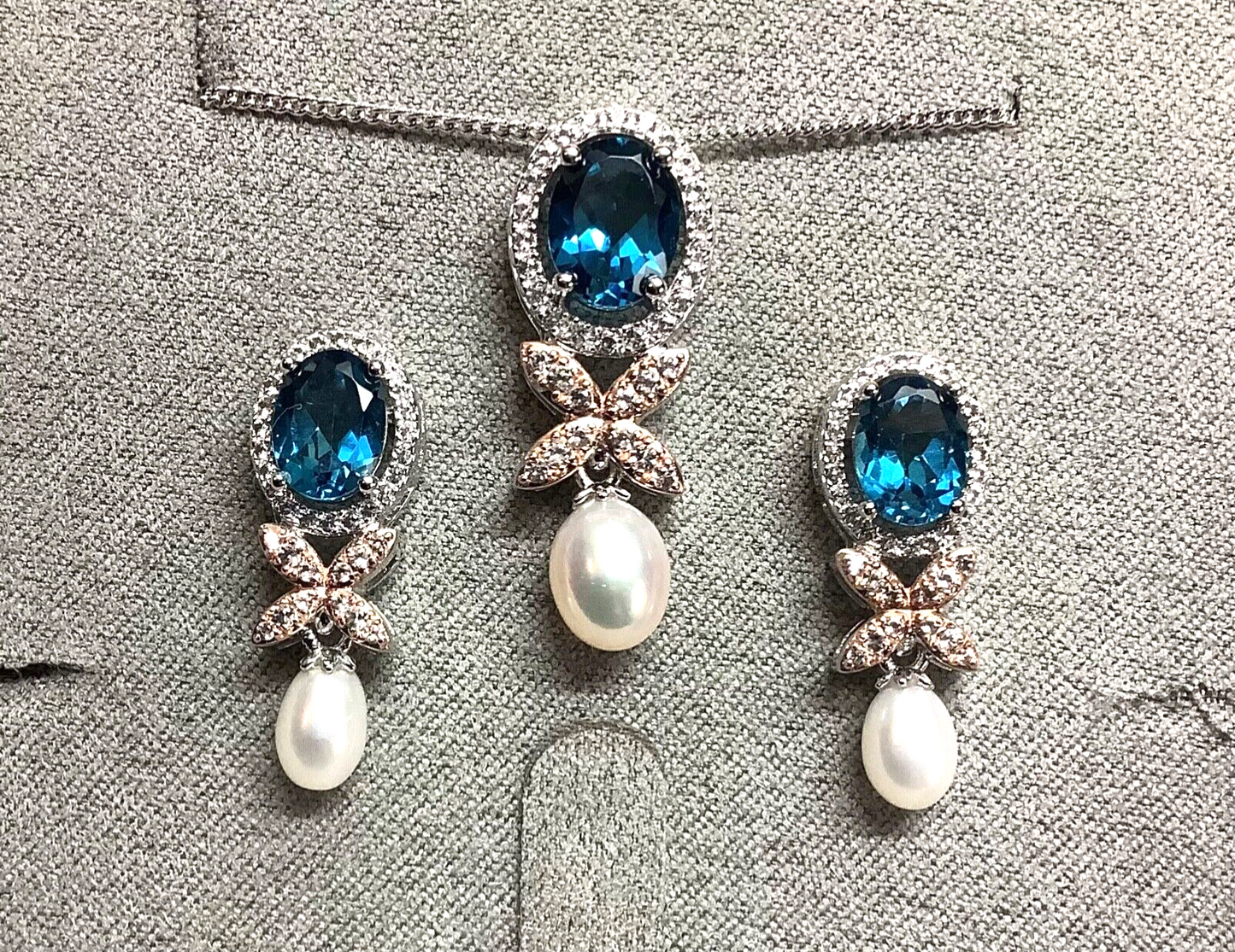 Clogau Queens Jubilee Superbloom Blue Topaz silver pearl necklace RRP £260