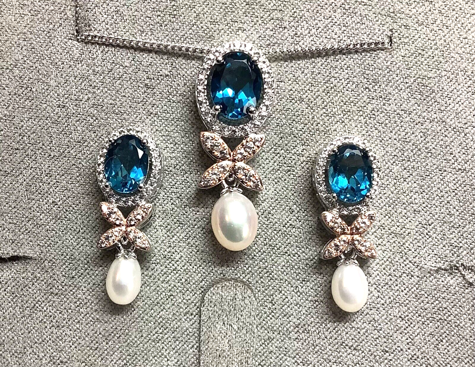 Clogau Queens Jubilee Superbloom Blue Topaz silver pearl necklace RRP £260