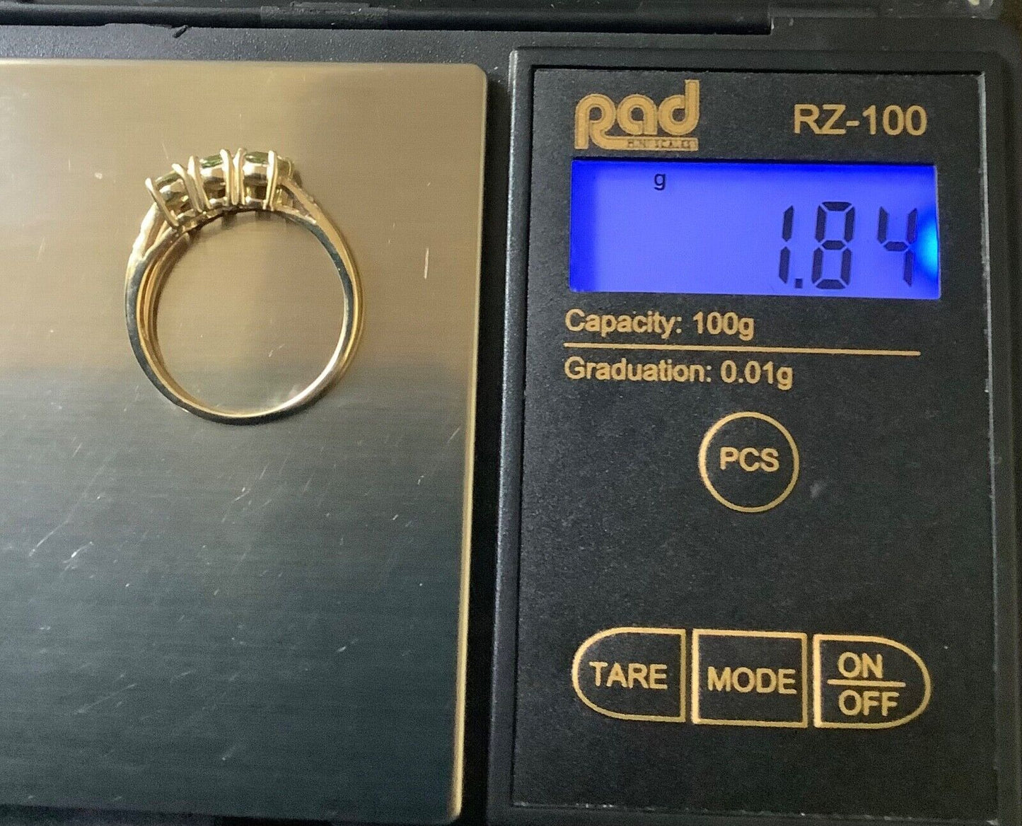 9ct Demantoid garnet and diamond trilogy ring size N1/2 yellow gold hallmarked