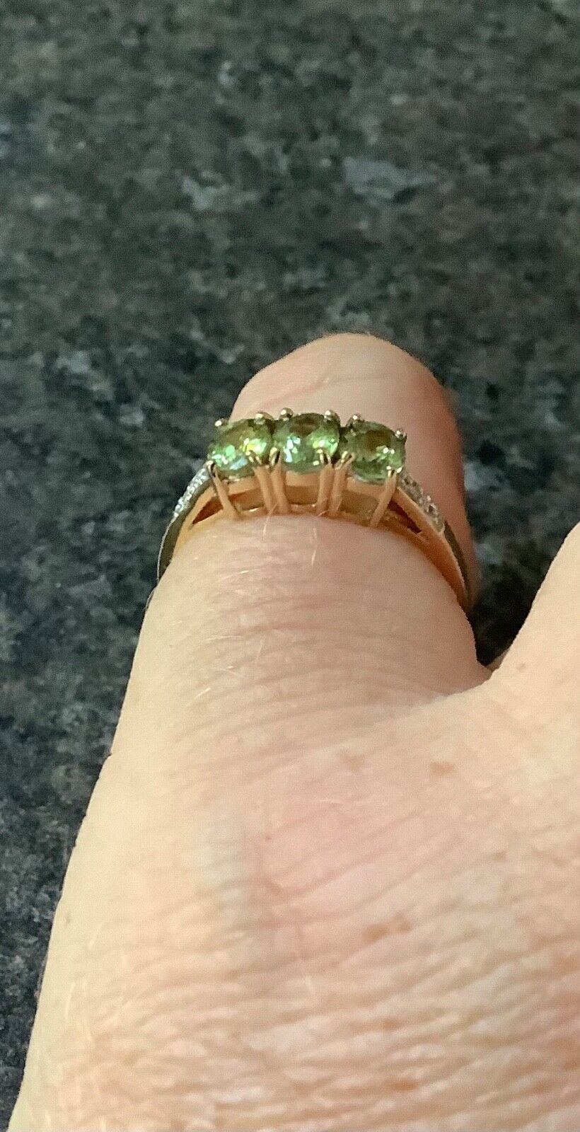 9ct Demantoid garnet and diamond trilogy ring size N1/2 yellow gold hallmarked
