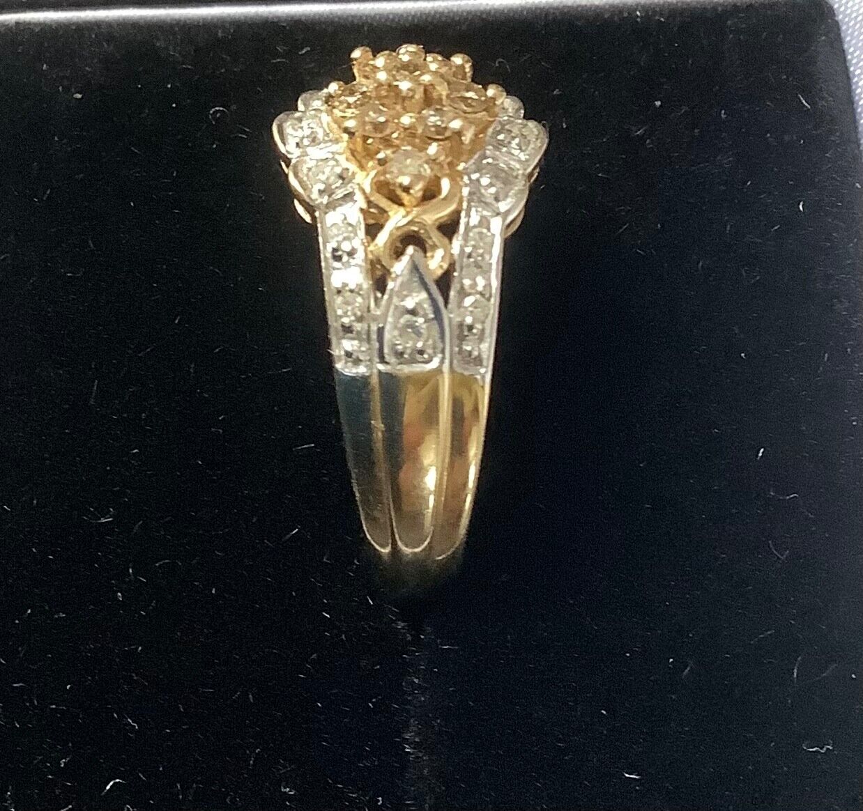 9ct white and champagne diamond cluster ring size S1/2 yellow gold