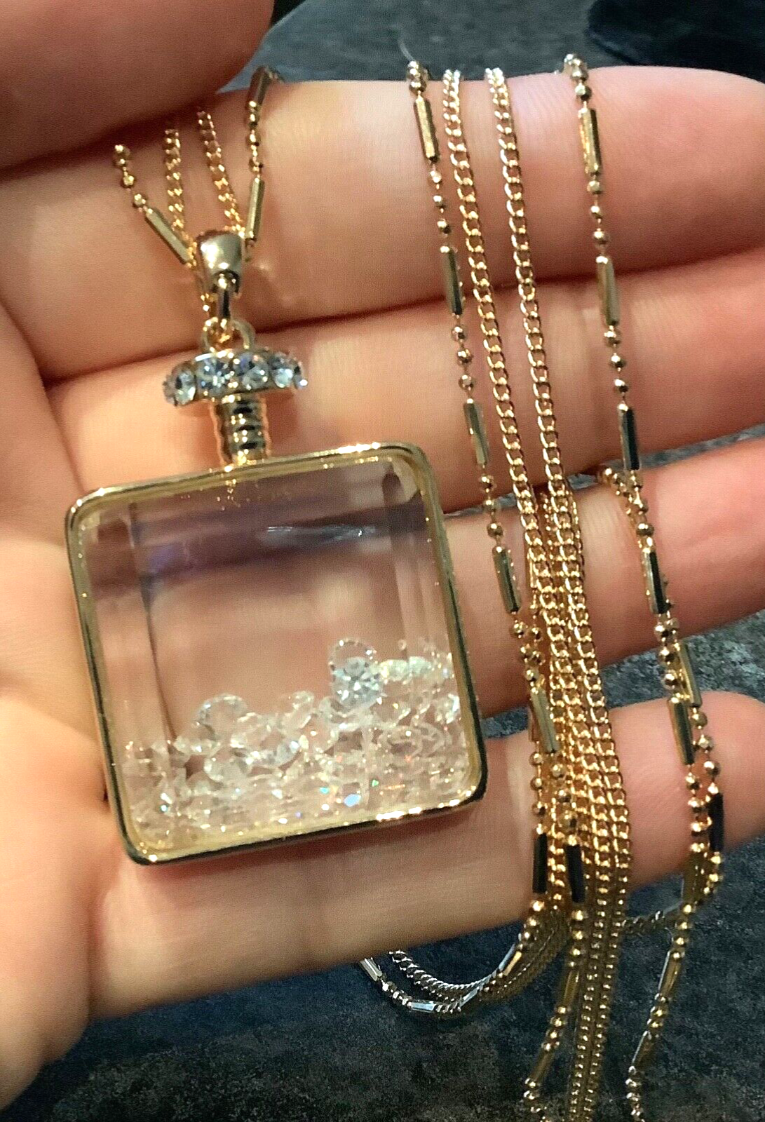 FRANK USHER perfume bottle crystal filled necklace bracelet & earrings set gold
