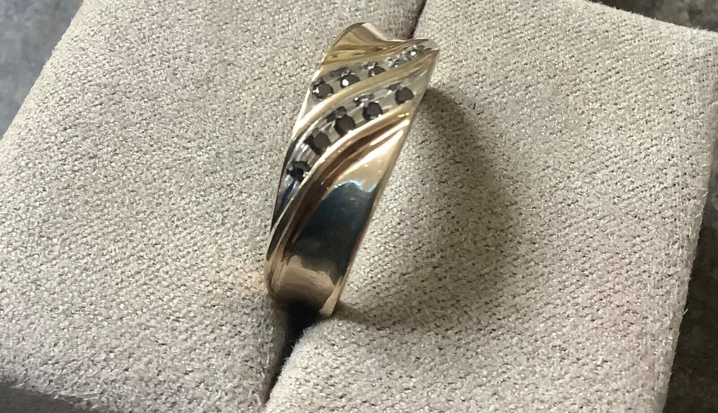 9ct Black diamond yellow and white gold channel set band ring size P1/2