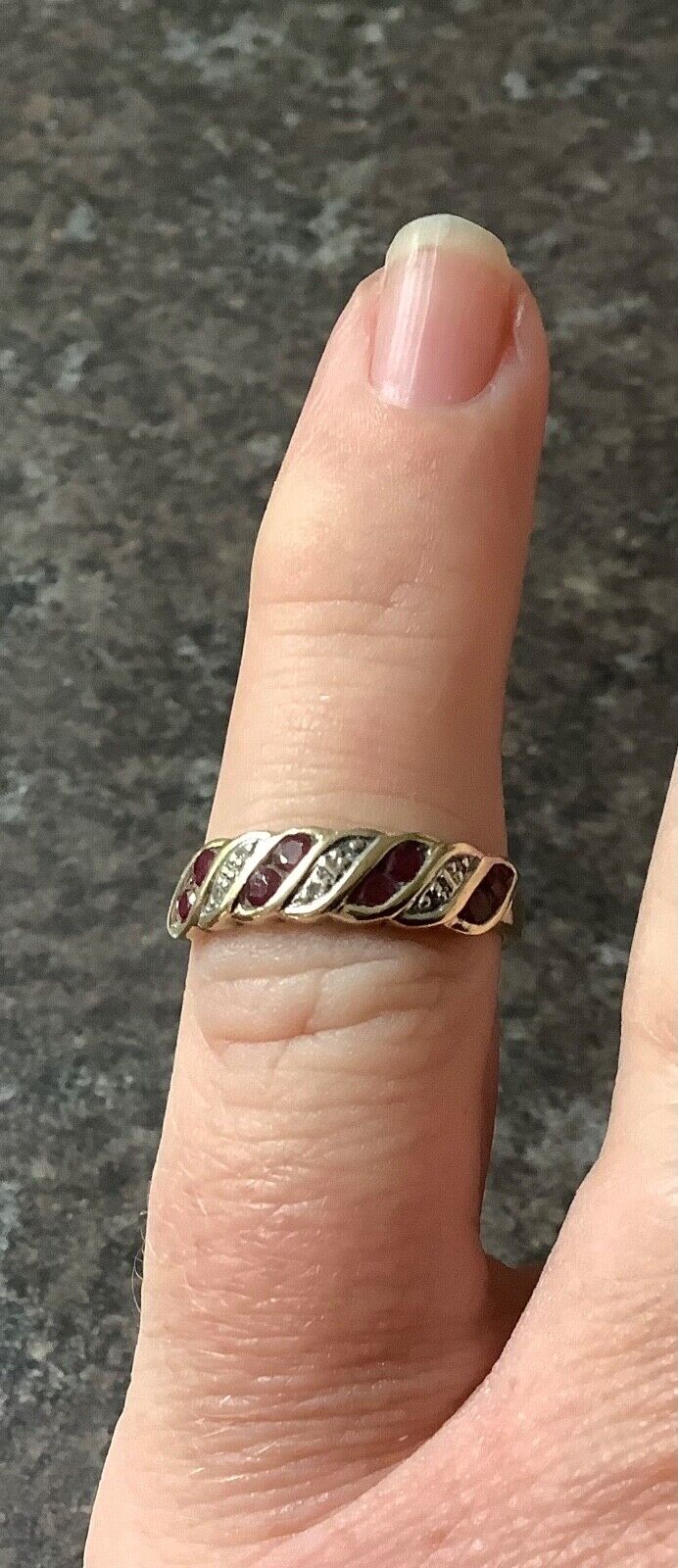 9ct ruby and diamond wave ring size L yellow gold hallmarked
