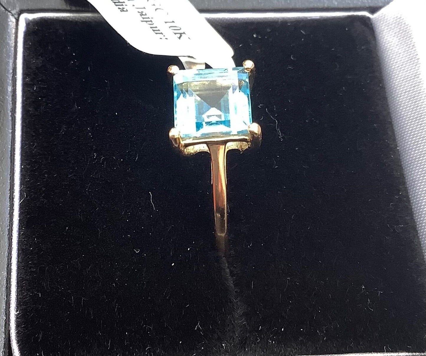 10K natural blue topaz square cut ring size N1/2 yellow gold hallmarked