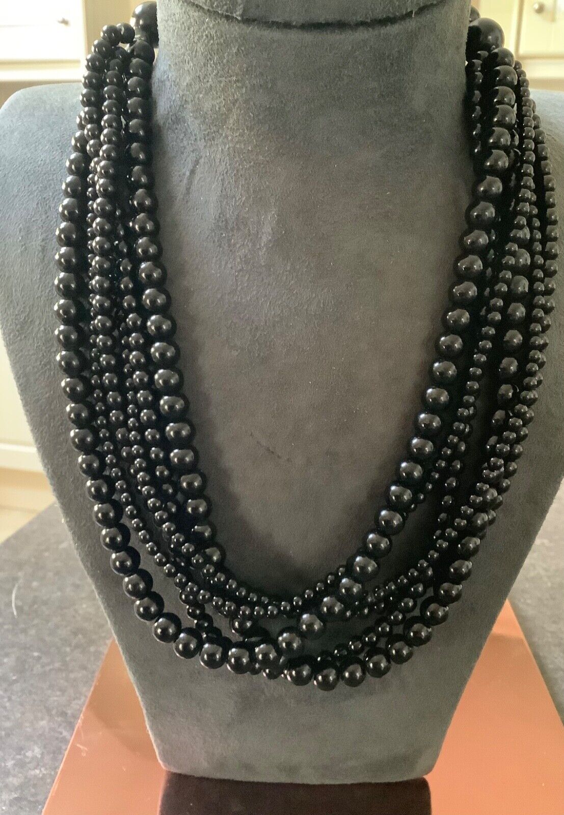 Heavy black 6 strand variable size bead necklace 19-21"