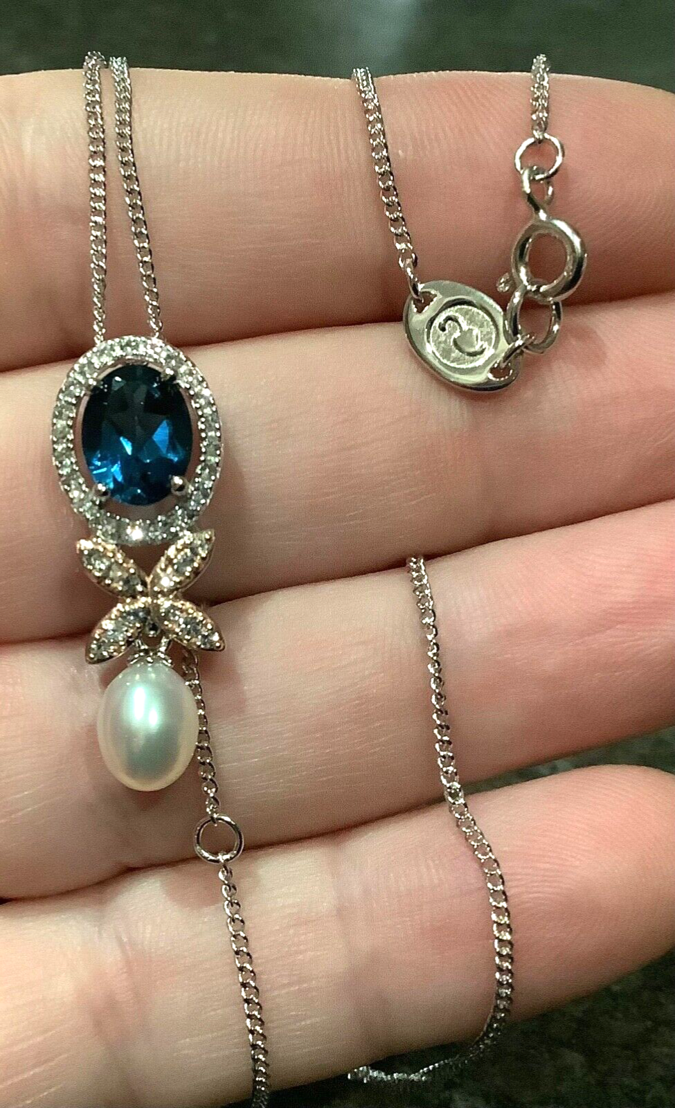 Clogau Queens Jubilee Superbloom Blue Topaz silver pearl necklace RRP £260