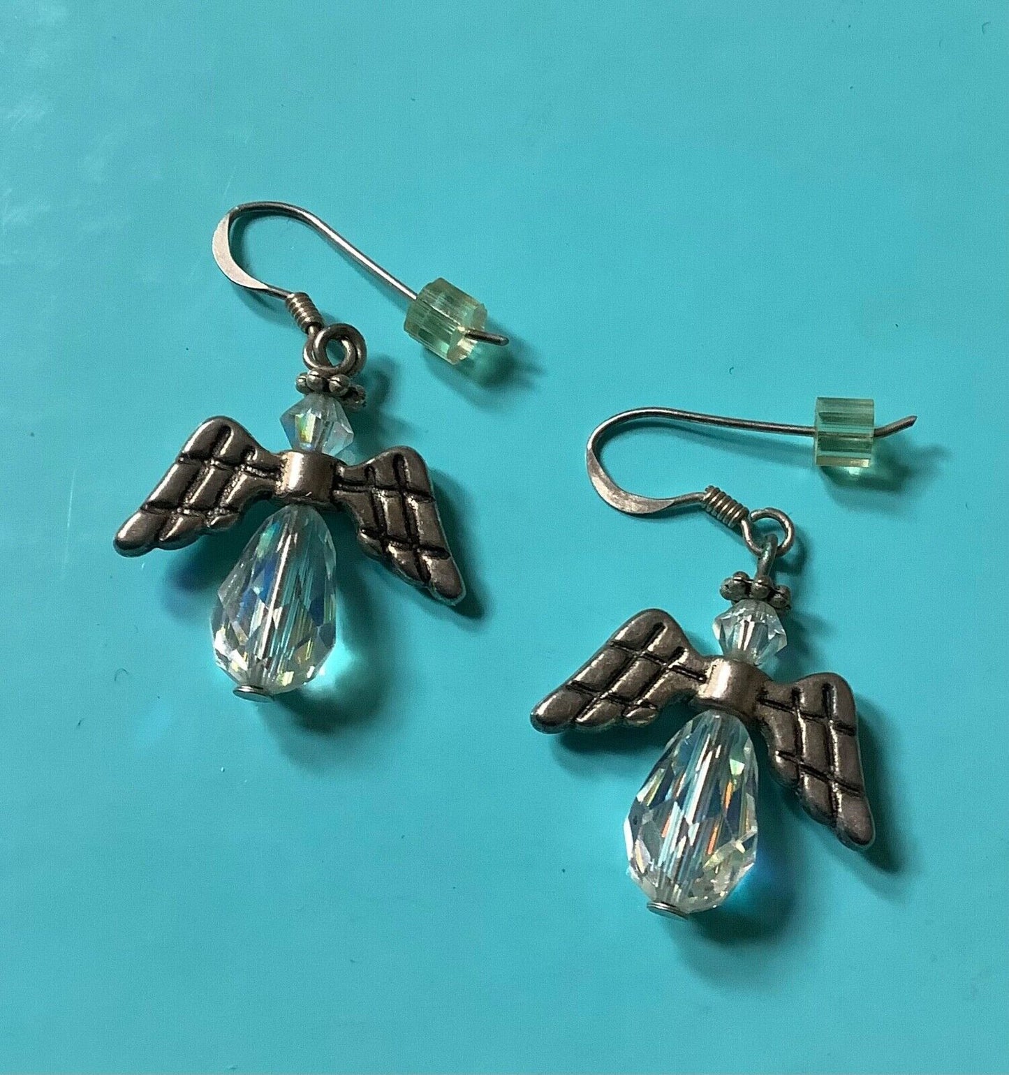 Guardian angel drop earrings with aurora borealis crystals and 925 silver hooks