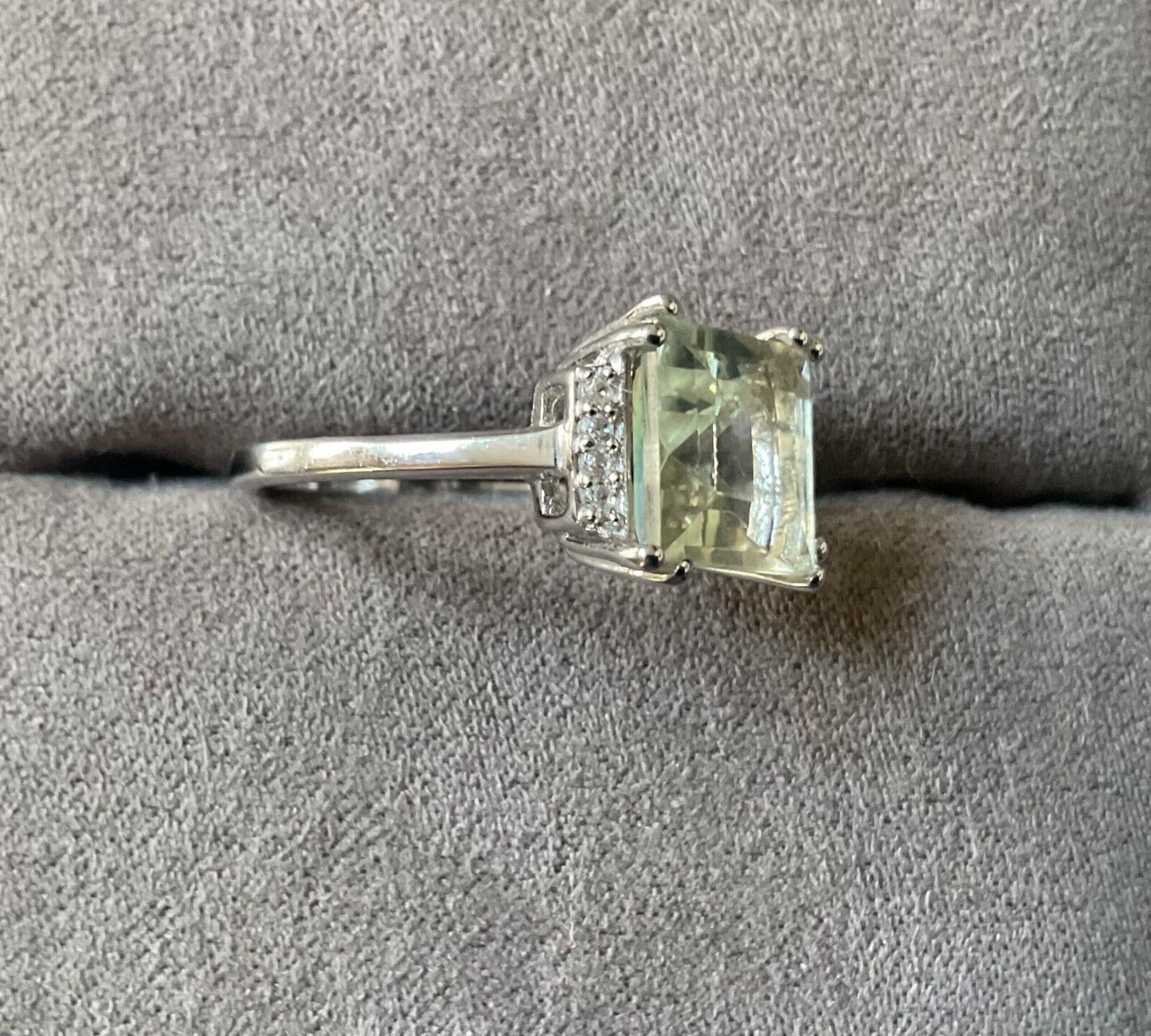 925 Green Amethyst & Zircon square cut ring size P sterling silver