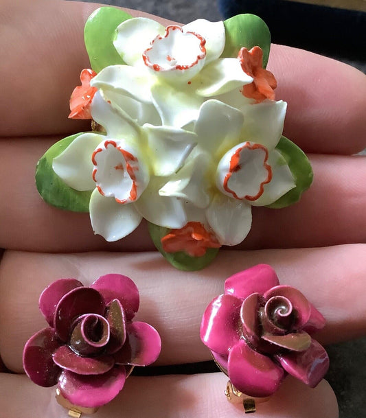 Vintage Coalport and Healacraft fine bone china Rose clip on earrings and brooch