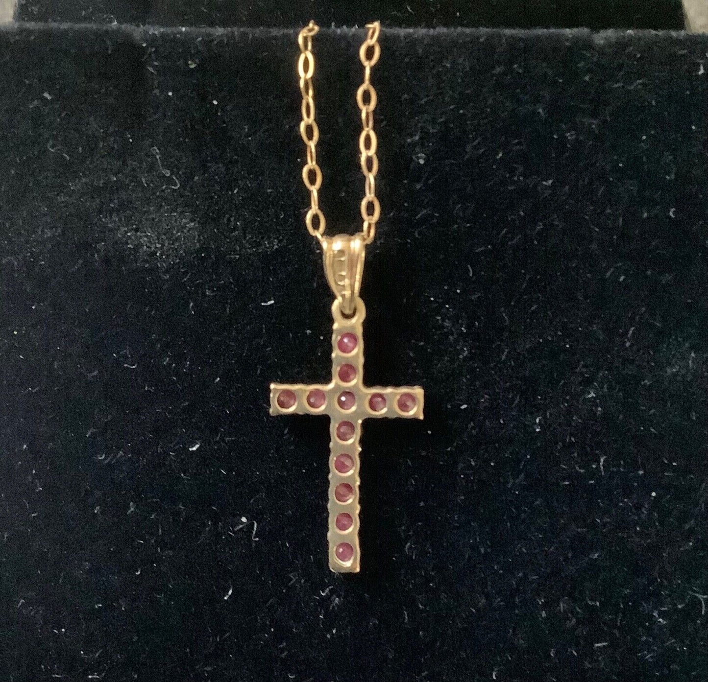 9ct ruby cross crucifix pendant on 16” fine 9ct trace chain yellow gold