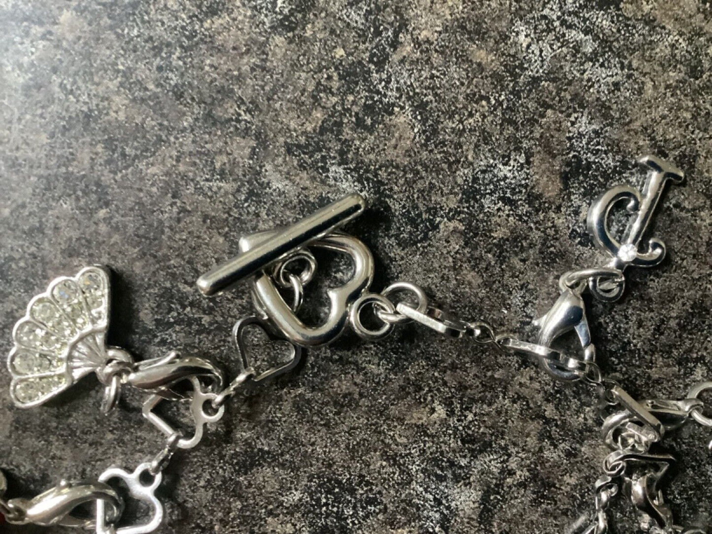 Silver tone heart link multi charm bracelet 10 detachable interchangeable charms