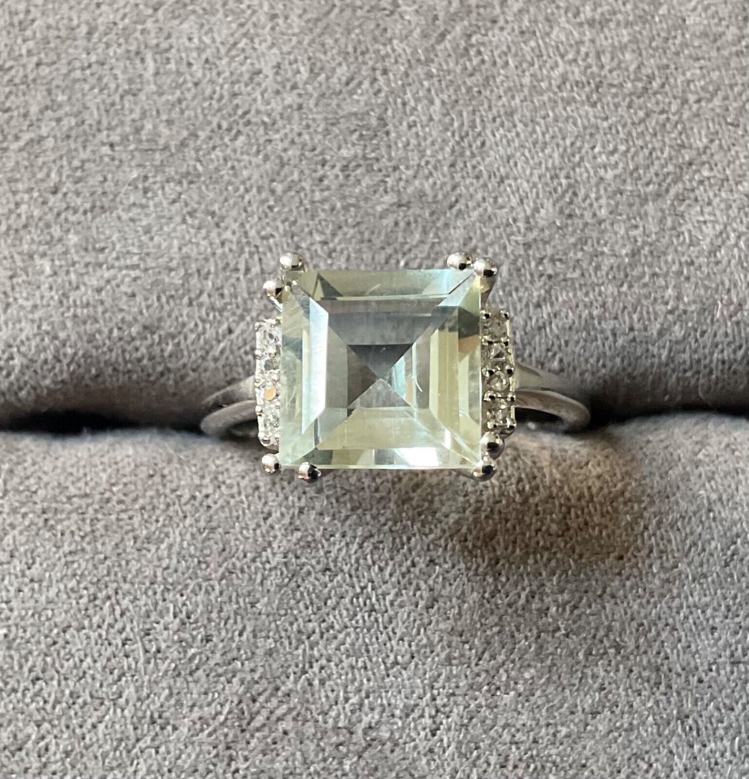 925 Green Amethyst & Zircon square cut ring size P sterling silver