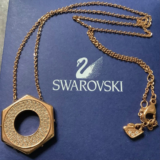 Swarovski crystal clear stone large hexagon gold tone pendant necklace