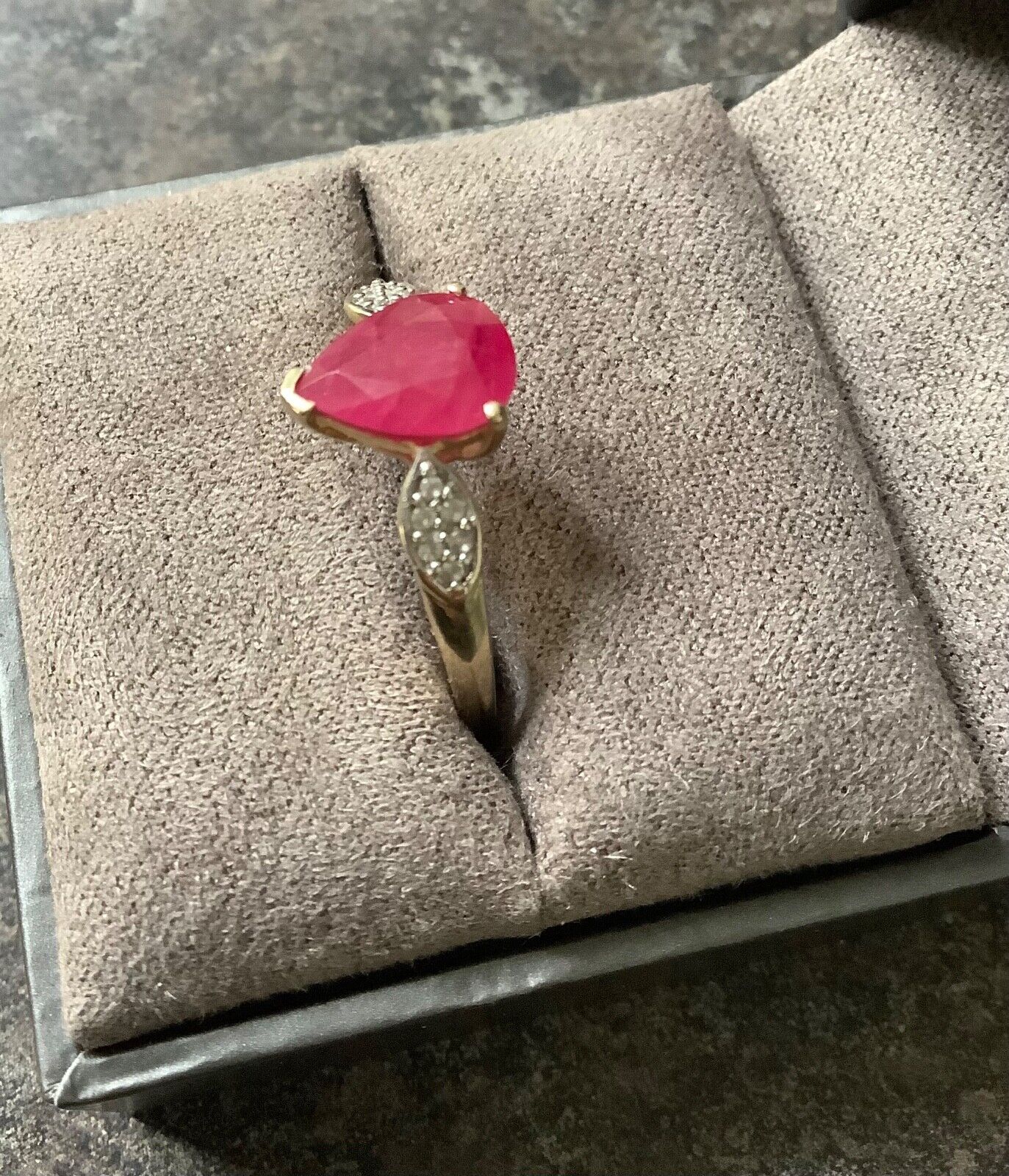 10K gold pear cut ruby and white zircon ring size P1/2 hallmarked