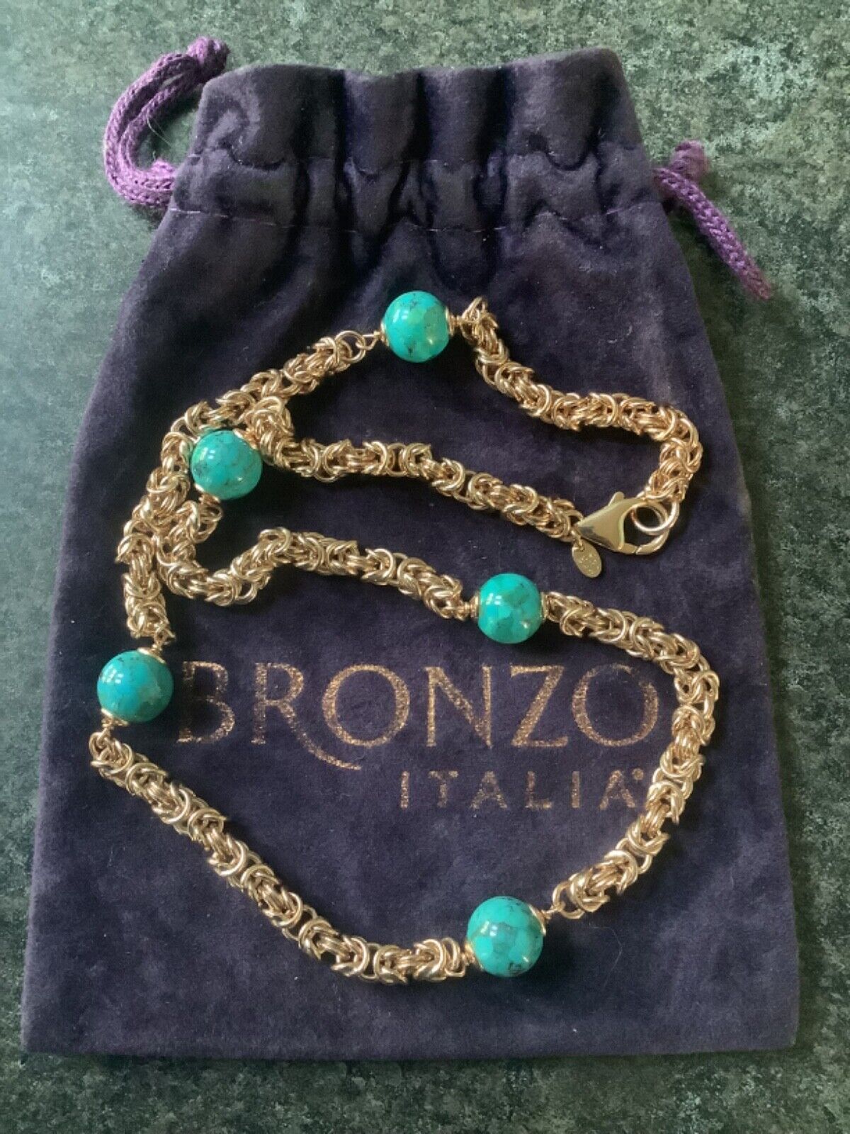 BRONZE MILOR ITALY turquoise colour bead byzantine rose gold tone necklace 19”