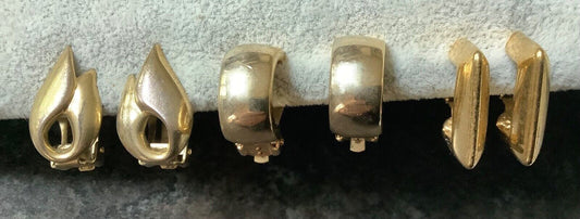 3 x vintage gold tone clip on earrings hoop stud
