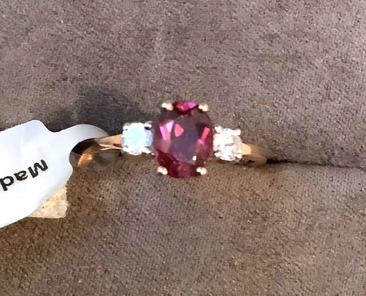 10K rose gold rhodolite garnet and white zircon ring size N1/2 hallmarked