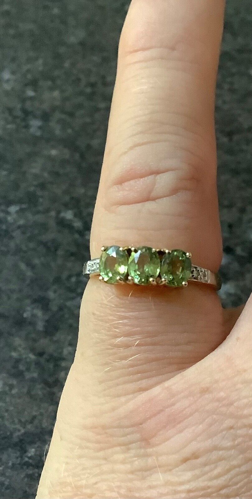 9ct Demantoid garnet and diamond trilogy ring size N1/2 yellow gold hallmarked